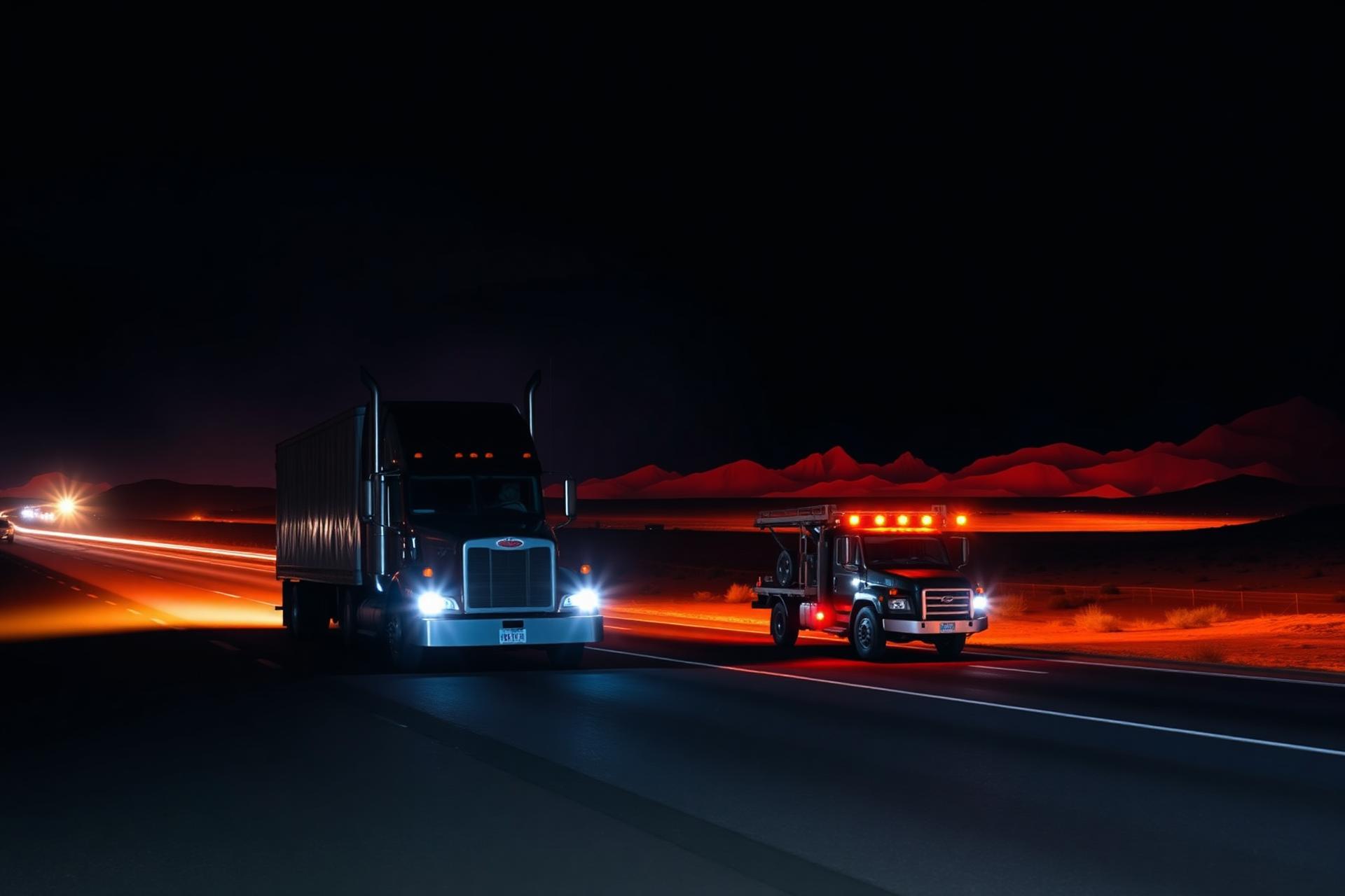 Mobile tire service truck assisting a semi on I-15 in the Mojave Desert near Baker, CA